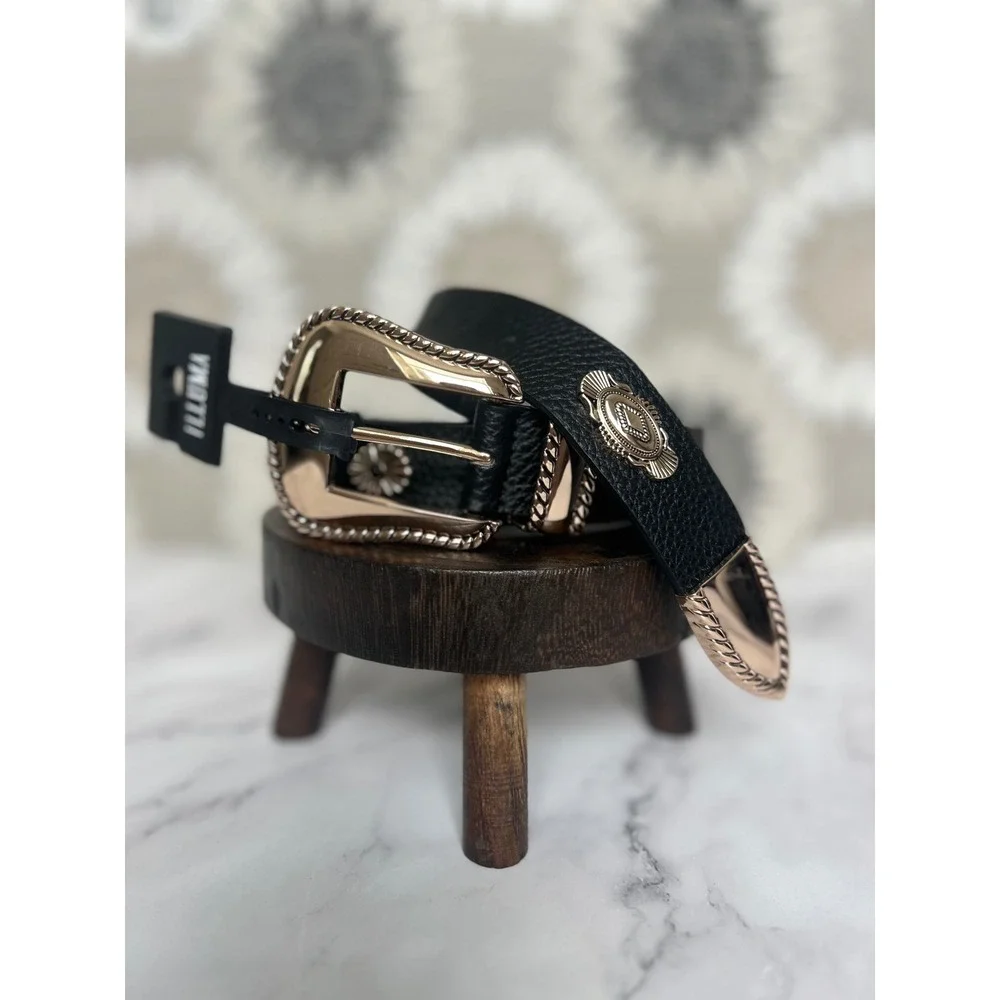 Illuma Womens‎ Western Belt Black Gold Concho Buckle New